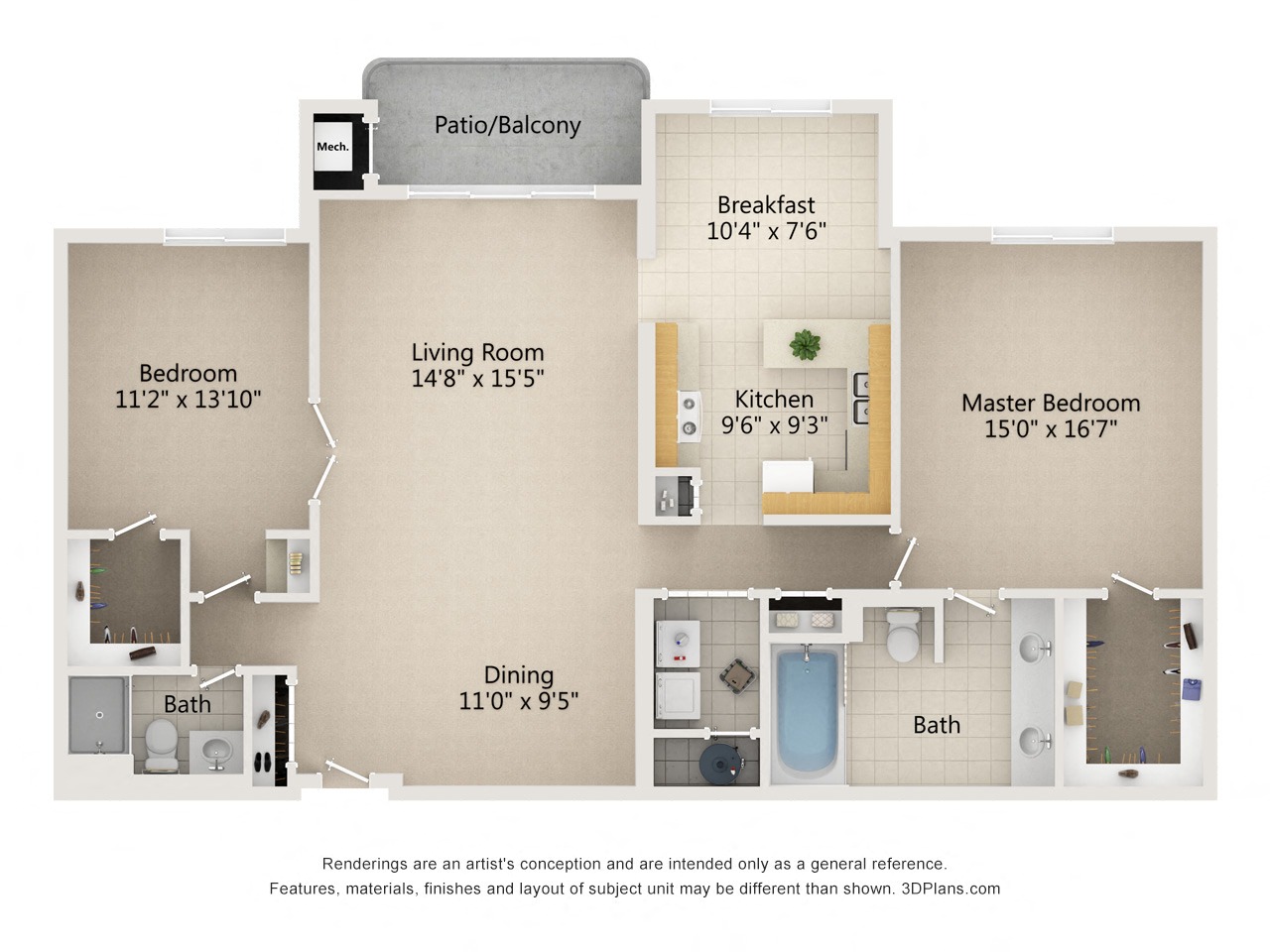 Floor plan layout diagram for 2 Bedroom 2 Bath Type A & B